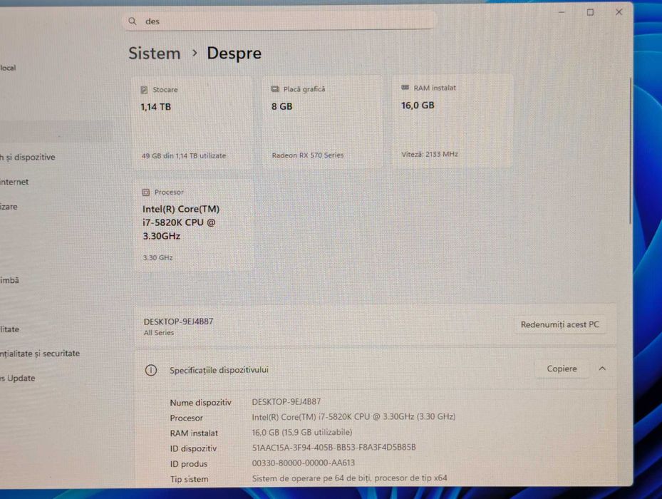 PC Gaming i7-5820k, 16GB RAM ddr4, Placa video 8 GB, Windows 11