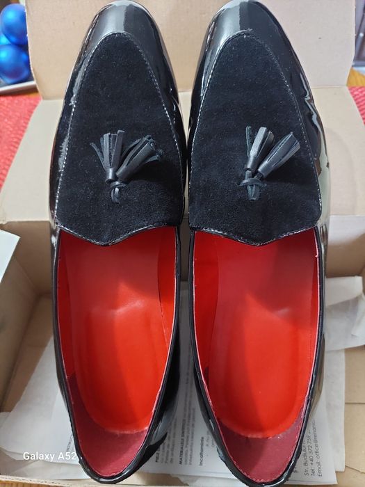 Loafers de barbati, piele naturala, bordeaux/ negri, cu 2 catarame
