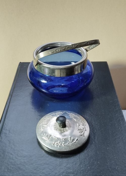 Сахарница старинная, мельхиор, стекло