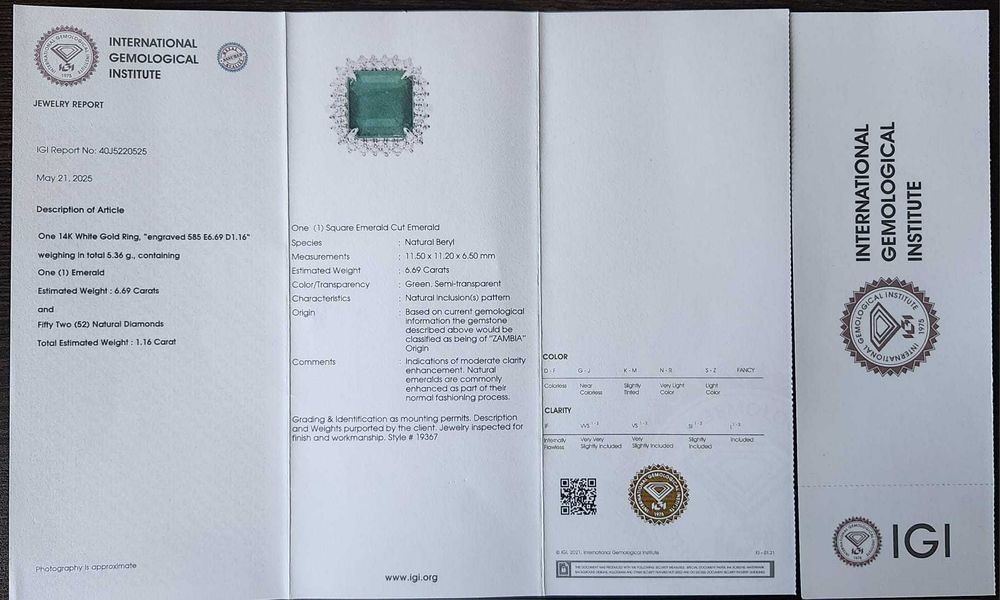 Inel 14K, smarald natural 6.69ct Zambia și 1.16ct diamante Certificat
