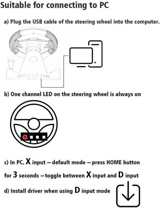 Геймърски волан с педали, въртящ се на 180 градуса, USB