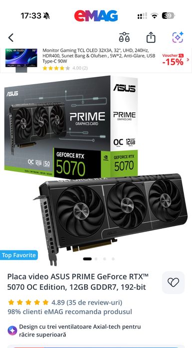Placă video ASUS PRIME GeForce RTX 5070 OC Edition - Garantie