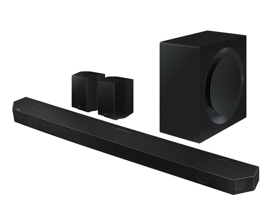 Soundbar Samsung HW-Q990, 11.1.4, 656W, Dolby Atmos, DTS:X cu suporturi Norstone pentru boxele de spate.