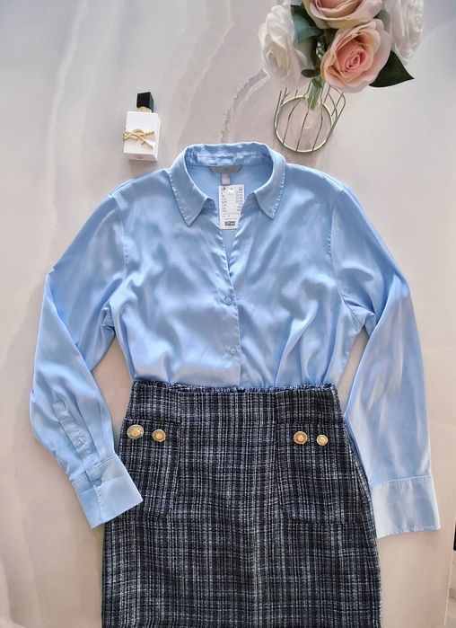 Сатенена риза в син цвят "H&M"