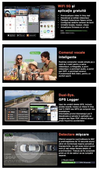 Camera auto Vantrue E360 filmare 360 grade kit supraveghere continuă inclus