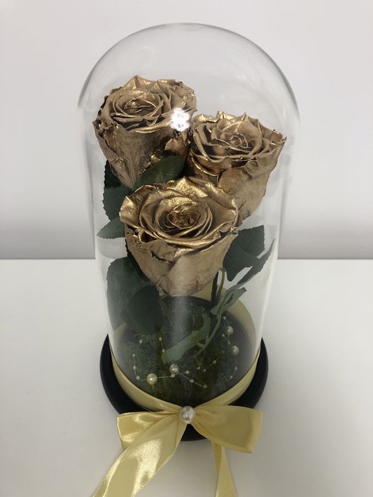 Cupola din sticla cu trandafiri criogenati aurii 25 cm 250 lei