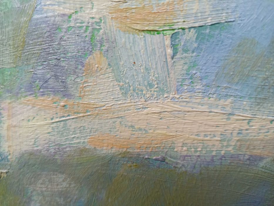 Tablou vechi - peisaj rural cu biserica - semnat Baba