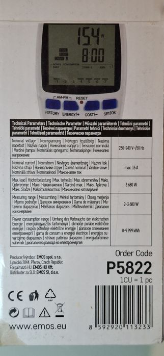 Priza cu contor energie, display LCD, max.16A, 2W-3680W