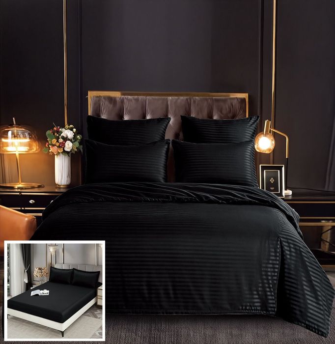 Lenjerie Damasc Mertesaker Dc012, Damasc, 6 Piese, Cu Elastic, Negru