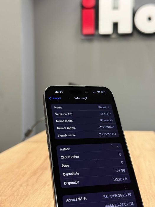 iPhone 15 Black Negru 128GB 100% Baterie #7040