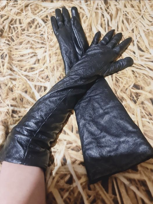 Луксозни дамски черни дълги ръкавици от качествена естествена кожа.XXL