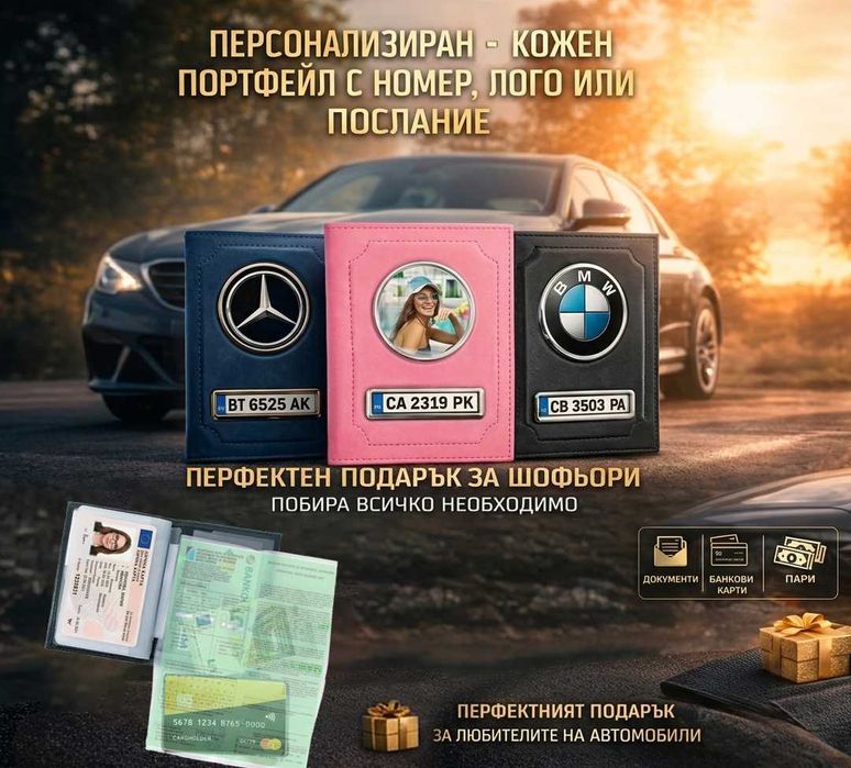 Уникален кожен портфейл за документи с ТВОЯ регистрационен номер