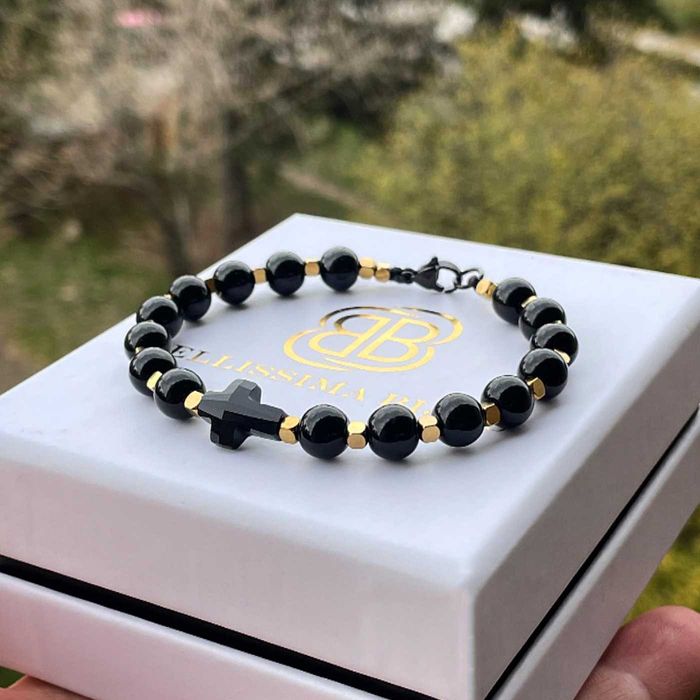 Мъжка Гривна от Оникс и Стоманени Елементи с Кръст Сваровски/Swarovski