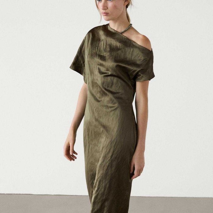 Massimo Dutti rochie midi asimetrica umar gol kaki verde superba