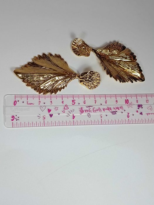 Cercei eleganti de ocazie, inox placat auriu, 7.5 cm, forma de frunza