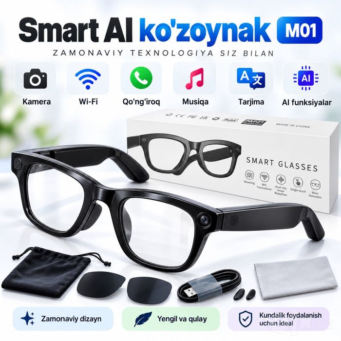 Smart AI ko‘zoynak M01 | Kamera, tarjima, qo‘ng‘iroq, musiqa, Wi-Fi