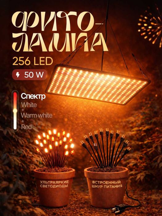 Фитолампа полного спектра. 256LED, 50Вт, 30х30см, White+Warm white+Red