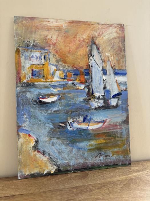Tablou marin cu bărci și veliere, pictură originală acril pe pânză panel, 30 × 40 cm, artă modernă