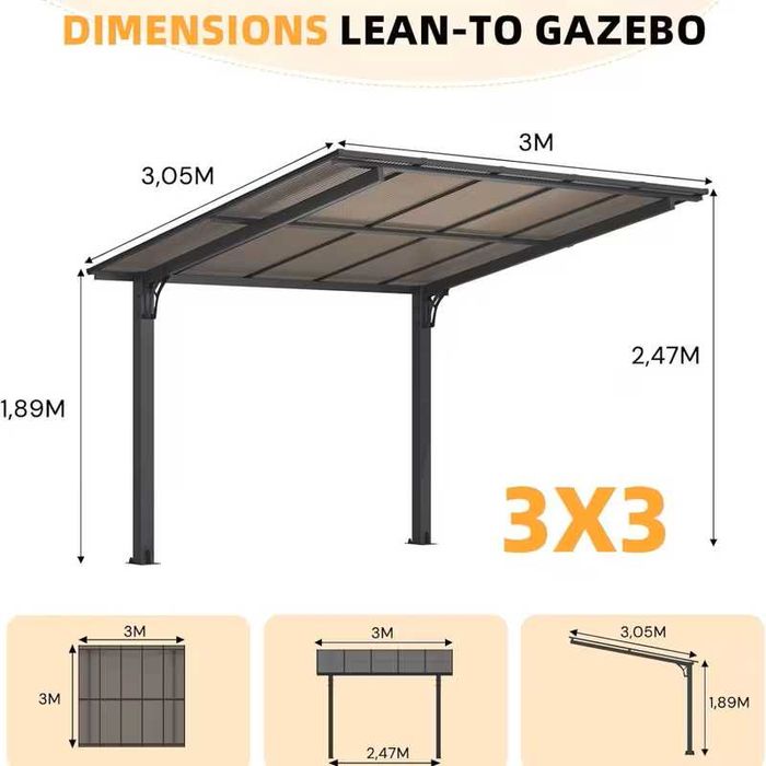 Навес за кола или вътрешен двор и тераса 3x3m