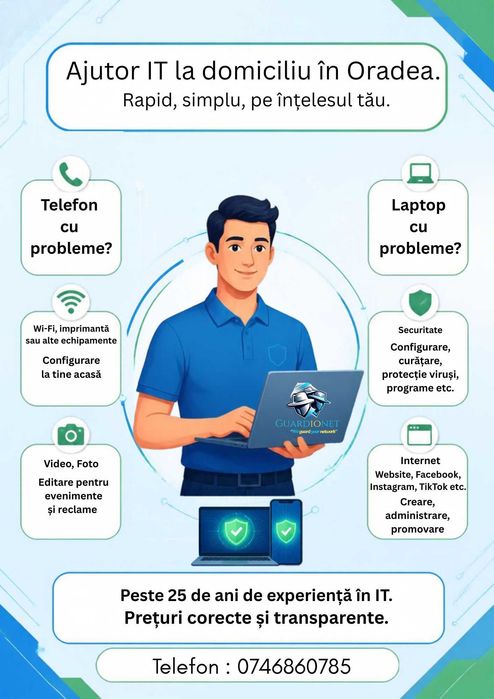Ajutor IT la domiciliu în Oradea - telefon, laptop, calculator, internet, website | 25 ani experiență