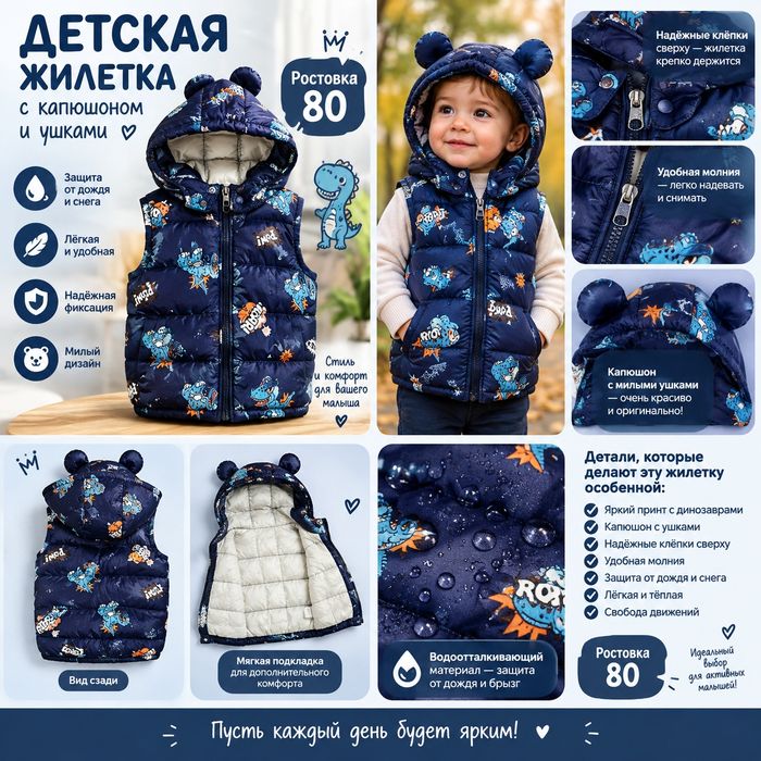 Стильная детская жилетка с капюшоном и милыми ушками!
