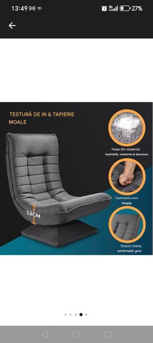 Fotoliu/Scaun relaxare cu 5 pozitii, rotire 360 grade, Casaria, sustine, tesatura gri