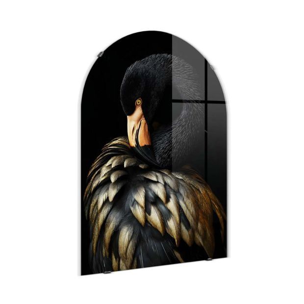 100см! Стъклена картина "Черно фламинго"