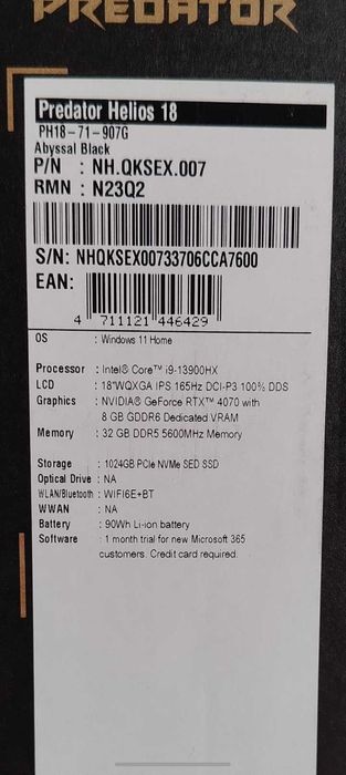ACER predator helios 18 intel-i9-13900 g-force- 4070 32gb-ram