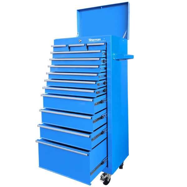 Dulap scule 13 sertare din oțel, roți, cheie, albastru