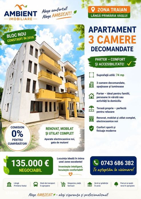 Apartament cu 3 camere, bloc NOU, mobilat și utilat, VASLUI - zona TRA