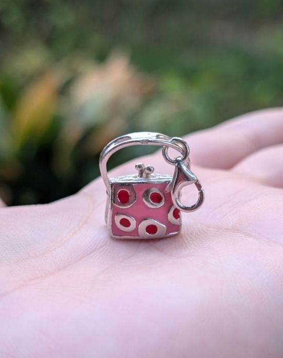 Vechi pandantiv charm din argint de 925 in forma de geanta, roz cu buline rosii