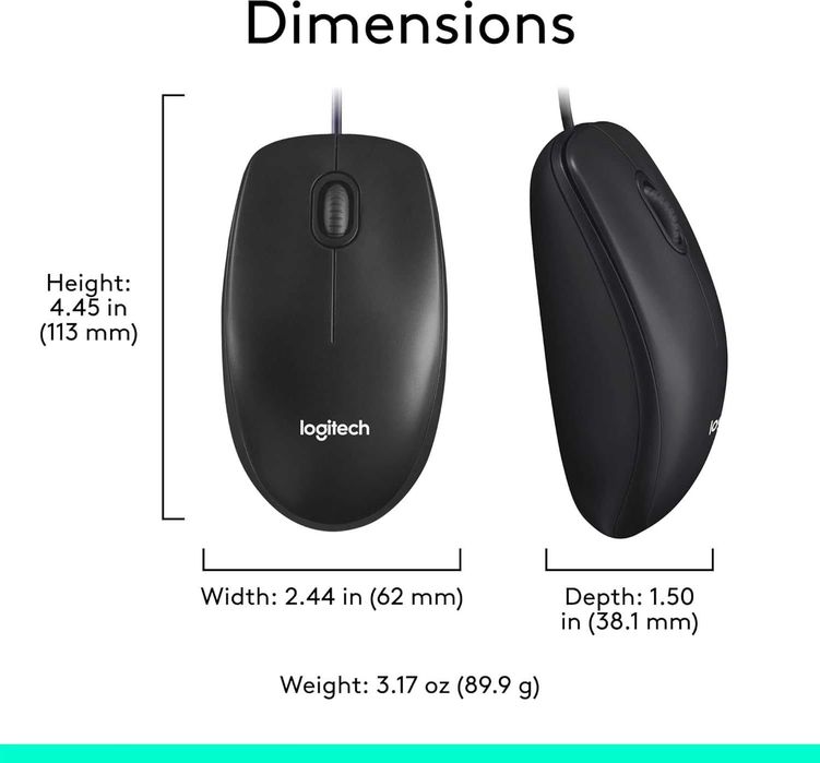 Мишка Logitech M100 с кабел, USB, 3 бутона, 1000 DPI, черна