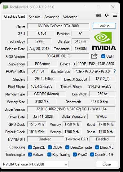 Видеокарта Nvidia GeForce RTX 2080 8GB gddr6