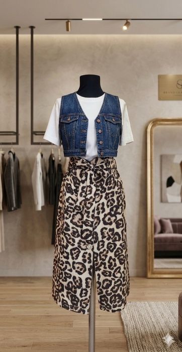 Fusta midi din in talie inalta animal print BSB