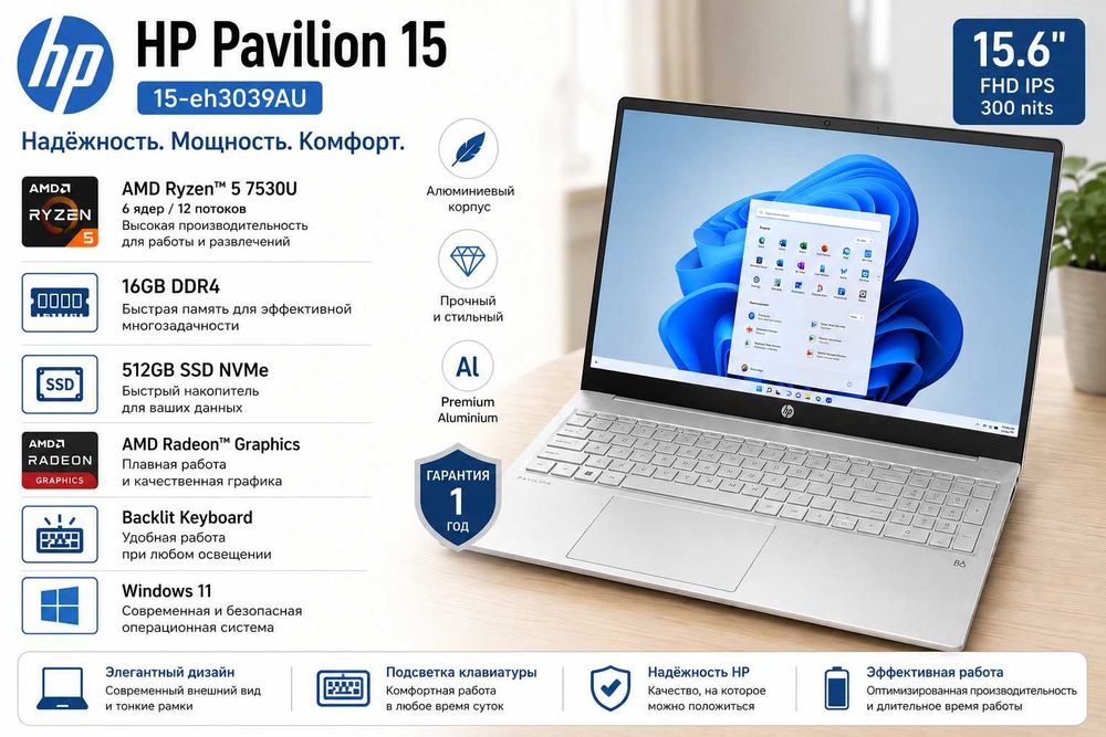 HP Pavilion 15 / Ryzen 5 / 16GB / 512GB SSD / FullHD IPS / Windows 11
