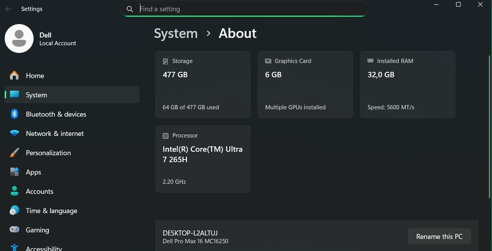 Dell  pro MAX 16 MC16250 Ultra 7 265H RTX BLACKWELL 500 6 GB GDDR7