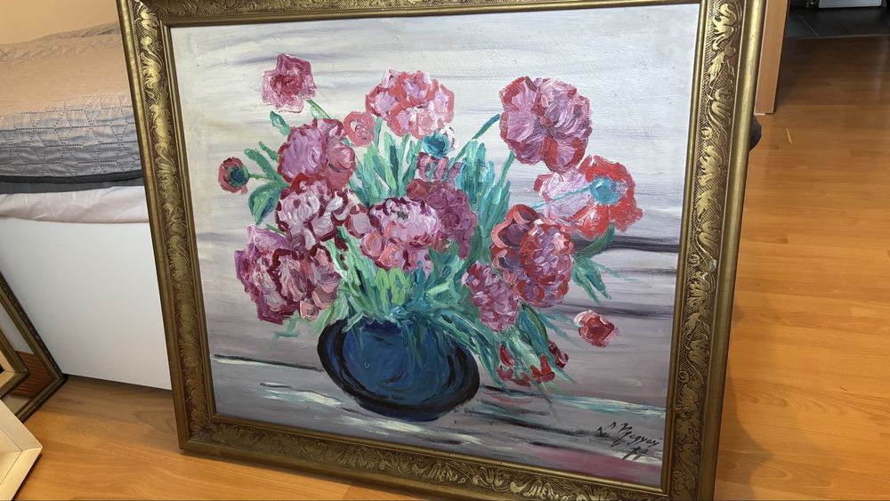 Tablou Megessy- vas cu flori, tehnica cuțitului