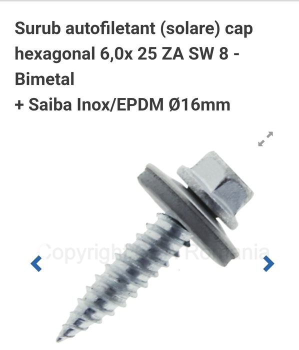 Surub autofiletant (solare) cap hexagonal 6,0x 25 ZA SW 8 - Bimetal
+ Saiba Inox/EPDM Ø16mm