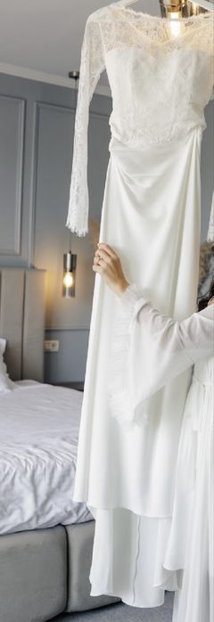Rochie de mireasă din mătase naturală, cu voal Chantilly de 2,5 m