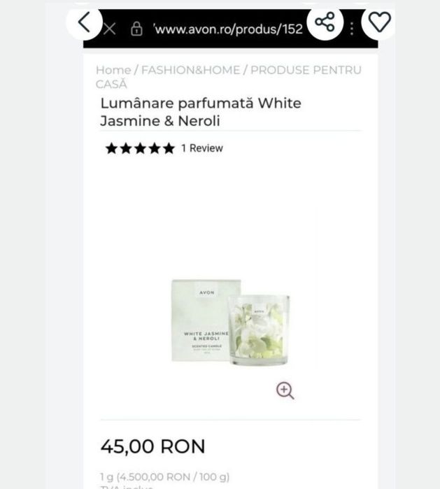Lumanare pafumata iasomie,lemn cedru/ trandafiri/iasomie,neroli Avon