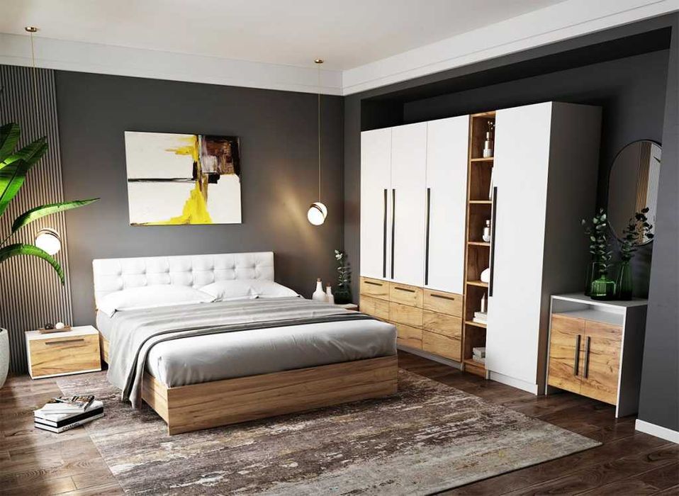 Set Dormitor Timea 7 piese Tapitat Alb - Transport Gratuit