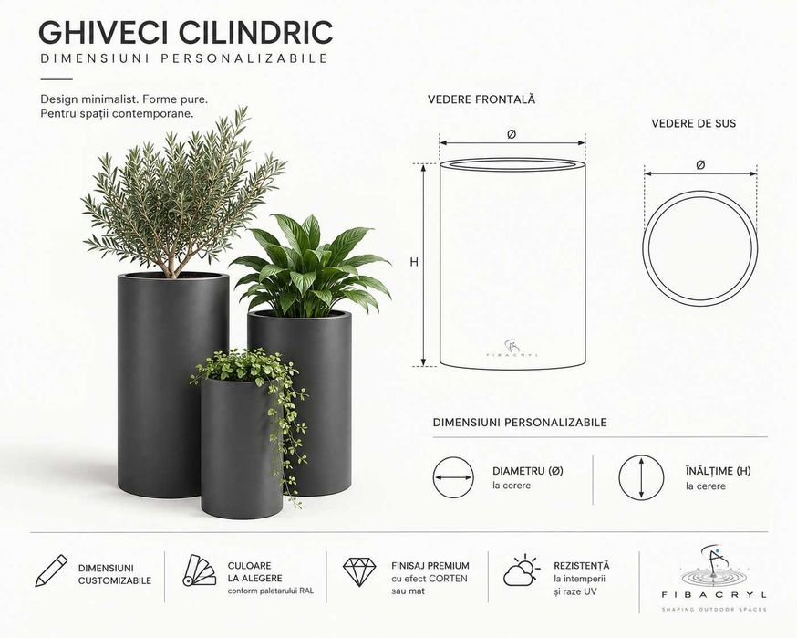 Ghiveci si jardiniera premium din fibra de sticla, diametru x inaltime customizabila, culoare customizabila, pentru spatii publice, terase, restaurant