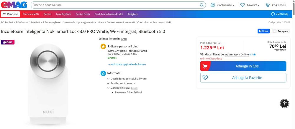 Incuietoare inteligenta Nuki Smart Lock 3.0 PRO, Wi-Fi , Bluetooth