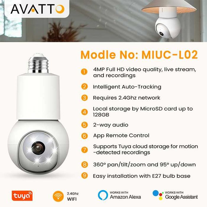 AVATTO MIUC-L02 WiFi E27 смарт камера-крушка 4 MP с нощно виждане