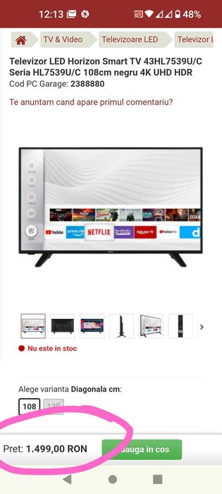Televizor Horizon LED 43HL7539U/C, 108 cm, Smart, 4K Ultra HD Sigilat