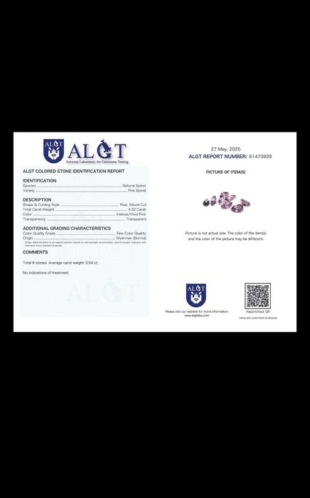 Spinel Roz Natural, Myanmar, ~0.54 ct - Certificat ALGT  preț:1100 lei