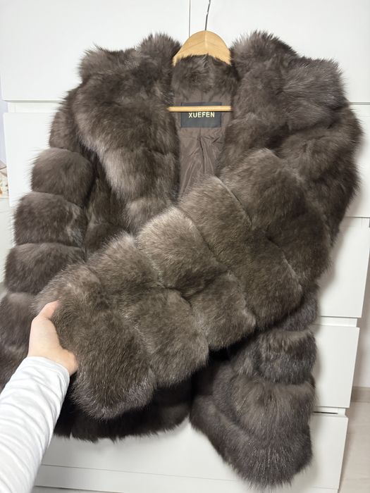 Haina de blana de vulpe maro midi cu cordon din piele