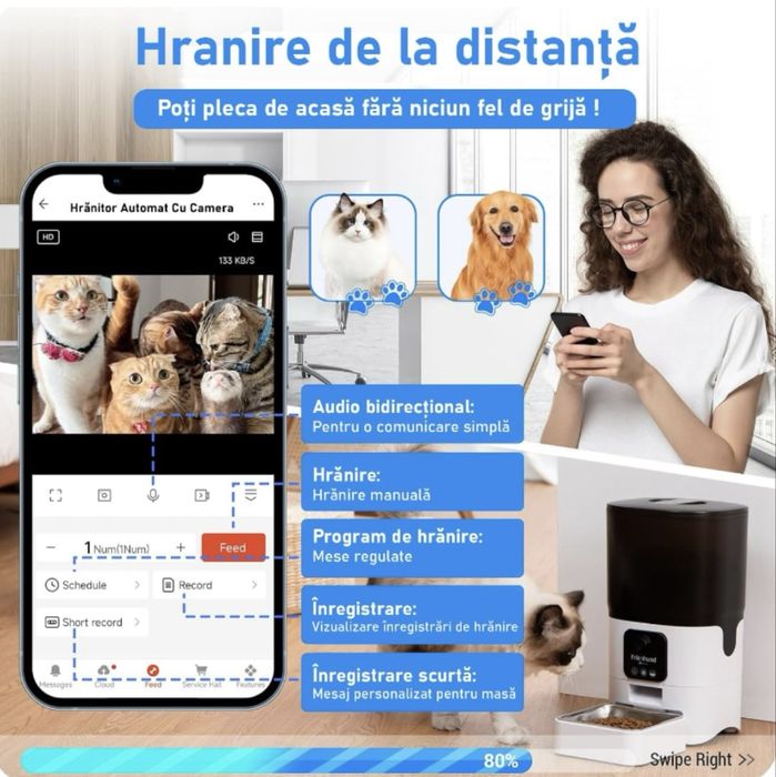 Hrănitor Automat Smart pentru Câini și Pisici Fish & Paws, Capacitate 6L, WiFi Dual 5G/2.4G, Cameră Live 1080p Full HD, Audio Bidirecțional, Nou