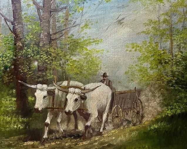 ”CAR CU BOI” tablou VECHI, in ulei/pânză/cart, semnat 70x50cm+Rama