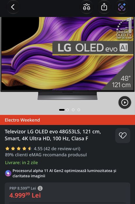Televizor LG OLED evo 48G53LS, 121 cm, Smart, 4K Ultra HD, 100 Hz, Clasa F
